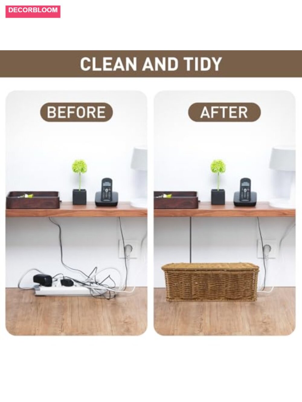 Rattan Cable Management Box Set of 2 Cord Organizer with Lid - Picture 2 of 5